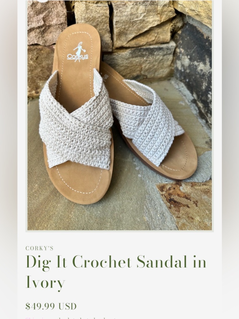 Corkys Dig It Crochet Sandal in Ivory. Size 10